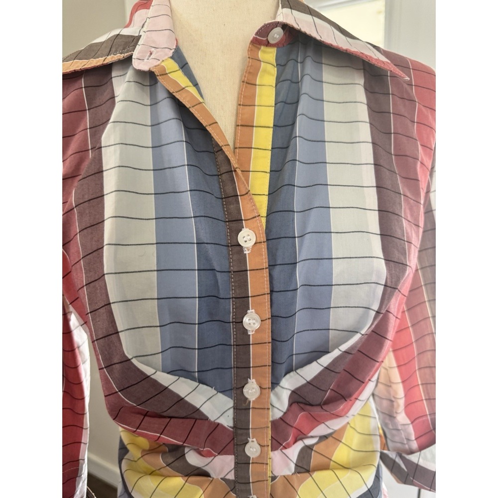 Finley Rainbow Top Plaid Ruched Button Down Multicolor Retro 70s Stretch Small - Picture 3 of 9